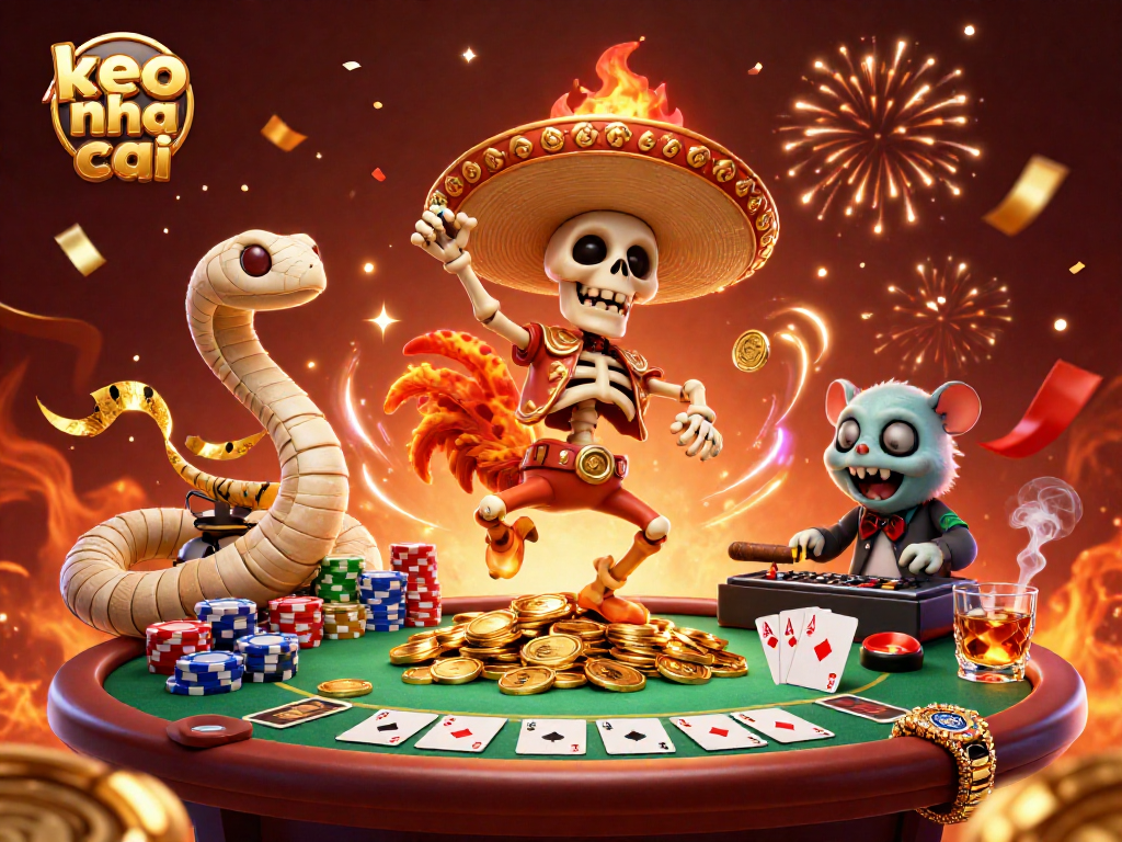 Engage in excitement with keo nha cai as a colorful mariachi rooster dances amid poker elements and festive confetti.