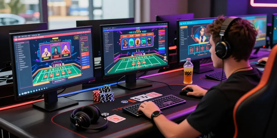 Player engaged with go8 online gaming, colorful screens, and gaming accessories in dynamic environment.