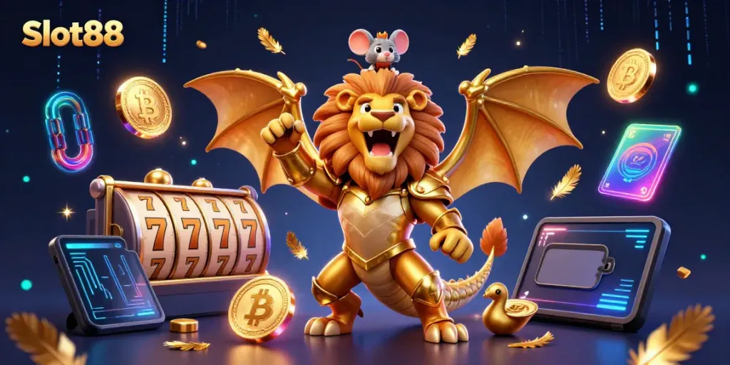 Experience thrilling gameplay with Slot88 in a vibrant casino adventure featuring unique 3D characters and slot elements.