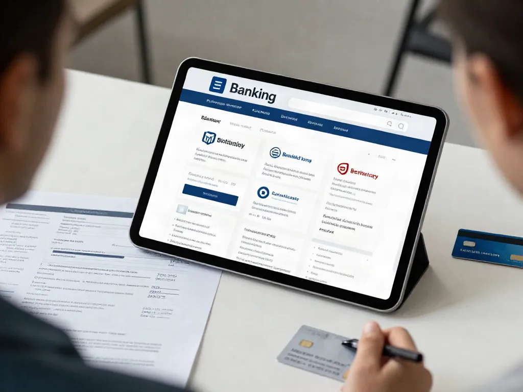 Javaslot navigasi direktori bank, pengguna menggunakan tablet di kantor modern