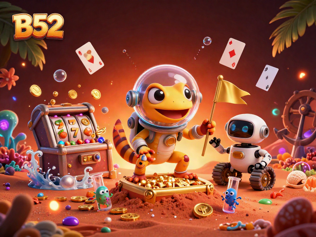 Experience the thrill of B52 casino gaming with a Martian gecko amidst vibrant treasures.