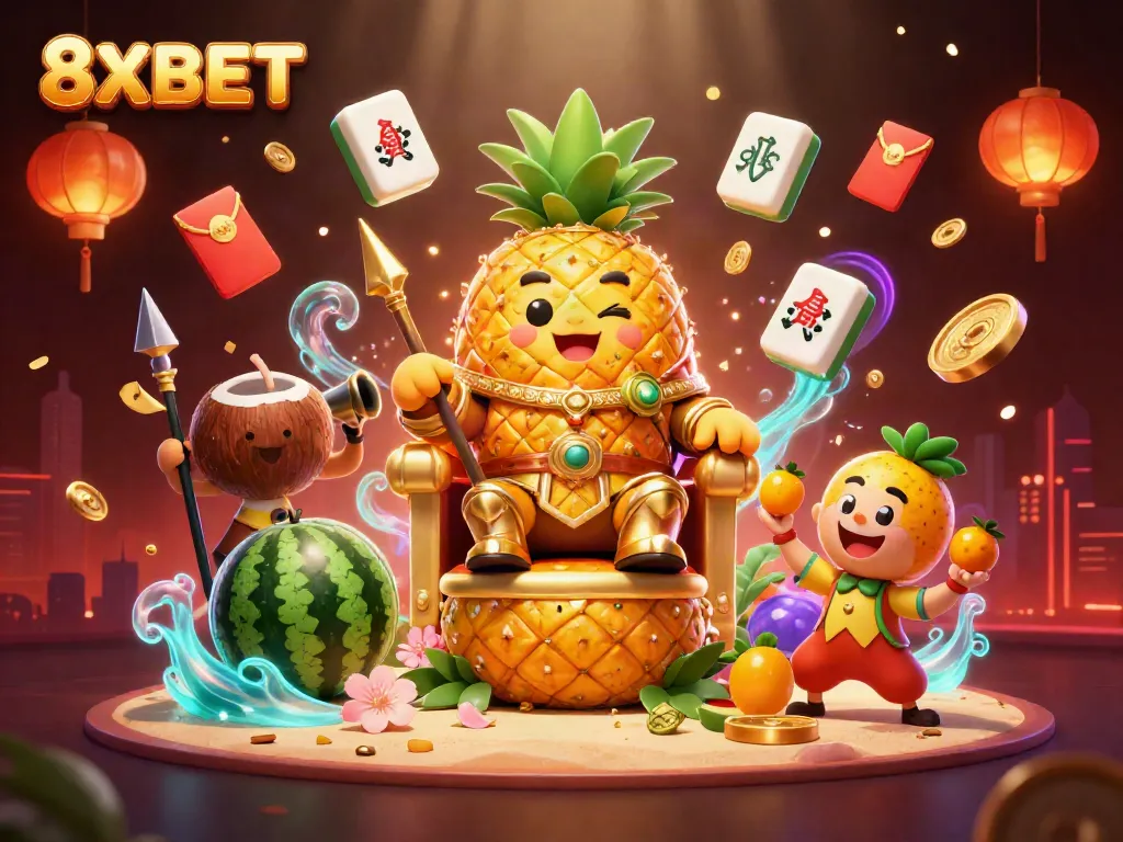Engaging scene illustrating the vibrant world of 8XBET with a golden pineapple king and lively characters in a casino setting.
