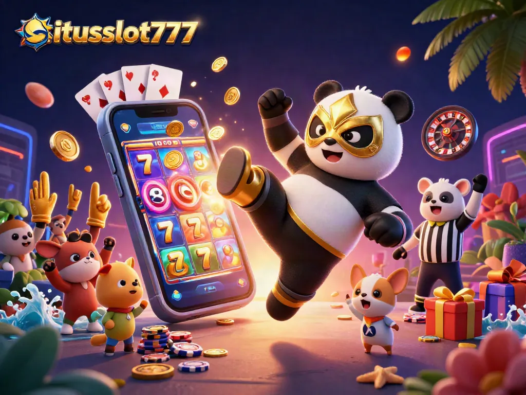 Experience exciting games at situsslot777 with an action-packed cartoon scene of a panda and animal spectators.