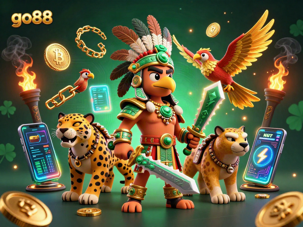 Experience go88 gaming with dynamic action from Aztec warriors amid neon crypto elements.