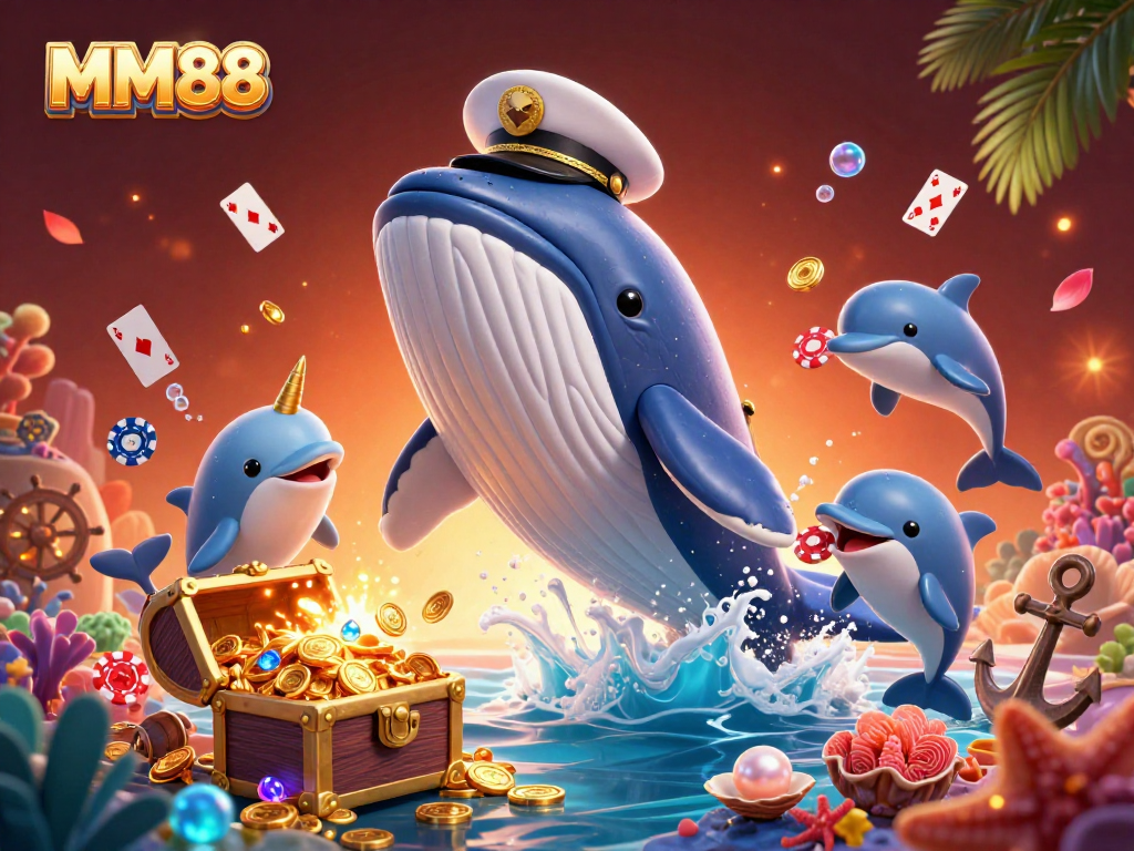 Experience the thrill of MM88 with a whale captain breaching through coins accompanied by dolphins and narwhals.