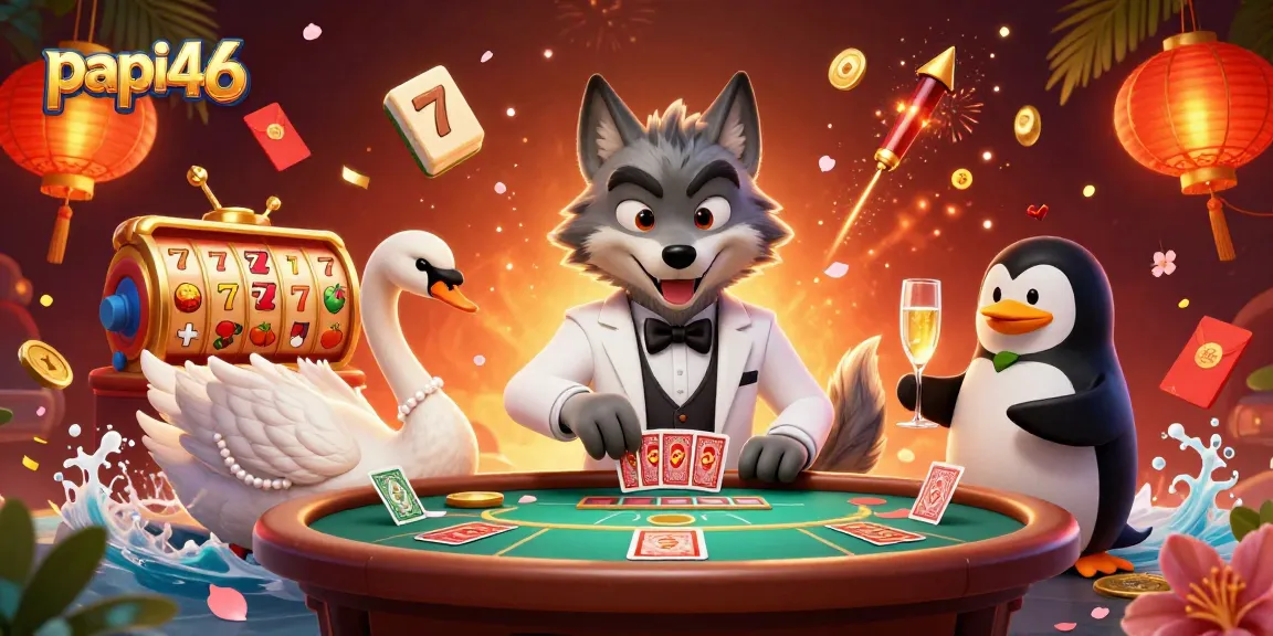 Papi46 mempersembahkan suasana kasino dengan wolf, angsa, dan penguin sommelier yang meriah.