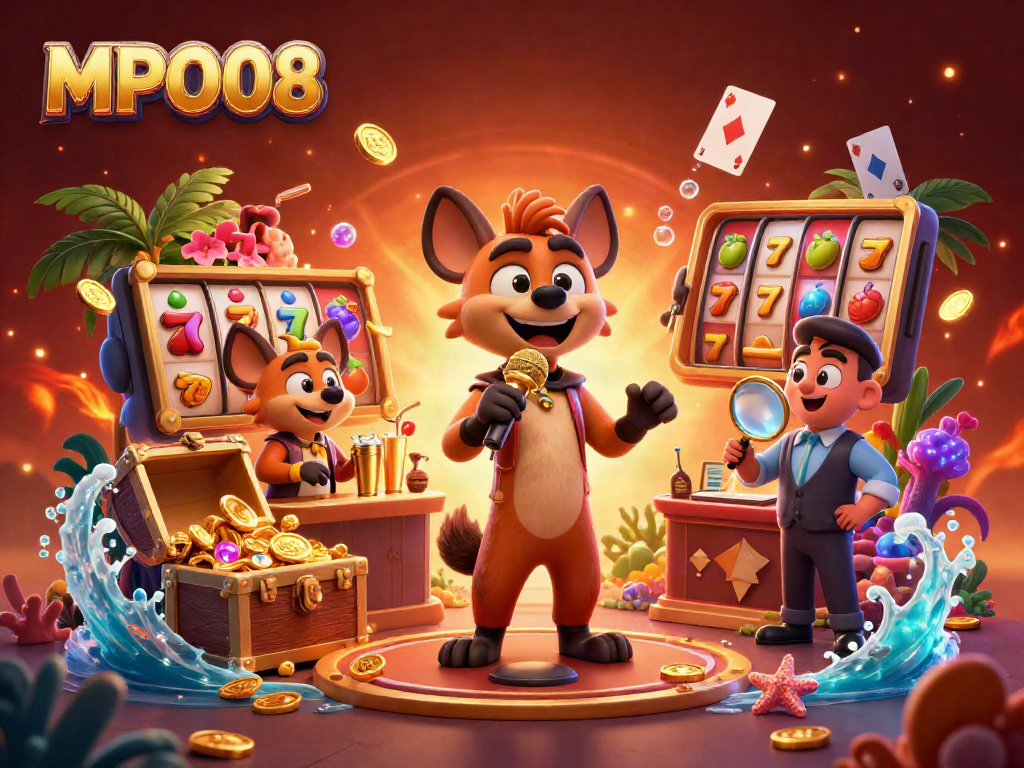 MPO08 offers exciting gambling fun with cartoon hyenas in a vibrant casino scene, showcasing slot reels and lively interactions.