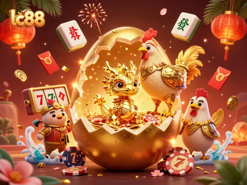 Experience the magic of lc88 with a golden dragon amidst poker chips, showcasing a vibrant casino atmosphere.