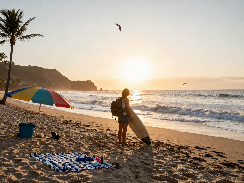 Surf enthusiast preparing for a day at the beach, focusing on slot qris features and adventure readiness.