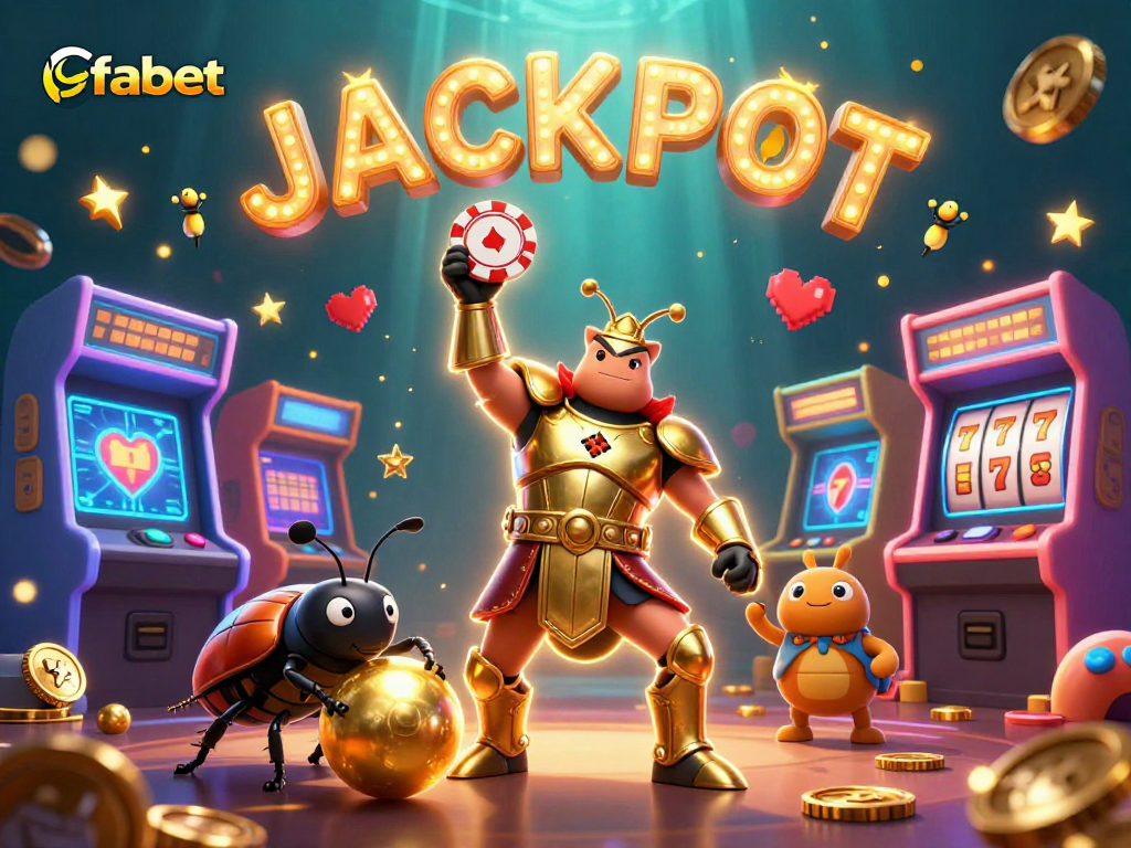 Experience the excitement of fabet as a heroic beetle lifts a poker chip amongst glowing casino elements.