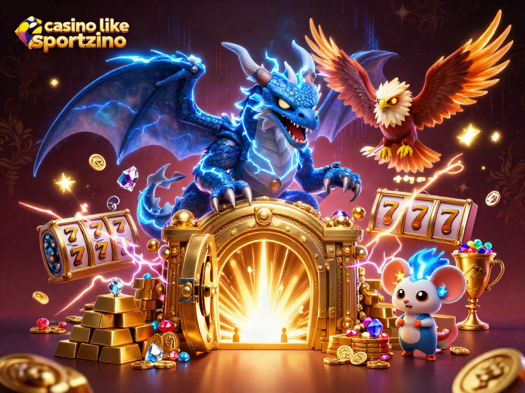 Play exciting casino games like Sportzino with slot reels and dynamic treasures in this vibrant illustration.
