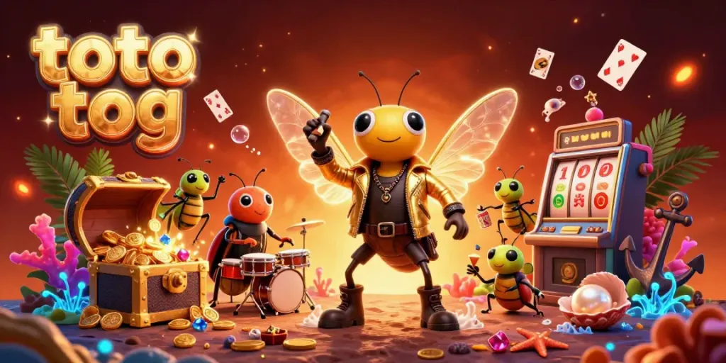 Experience thrilling gambling action with the cartoon rock star, beetle drummer, and crickets in a vibrant casino scene. toto tog