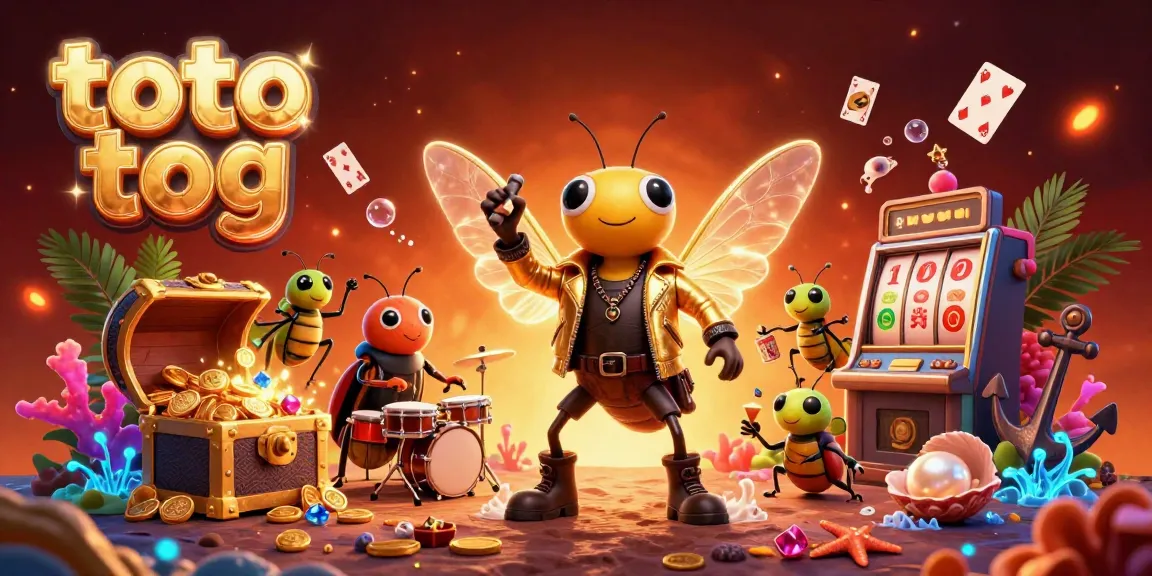 Experience thrilling gambling action with the cartoon rock star, beetle drummer, and crickets in a vibrant casino scene. toto tog