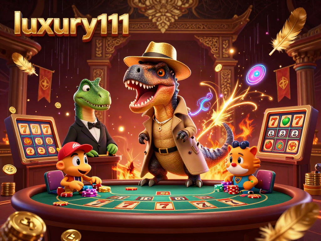 Witness thrilling luxury111 casino action as a velociraptor counts cards among dazzling slot symbols.