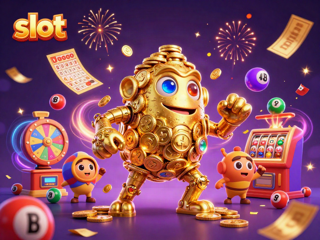 Engage in thrilling gameplay with a slot-themed ancient golem surrounded by vibrant casino elements.