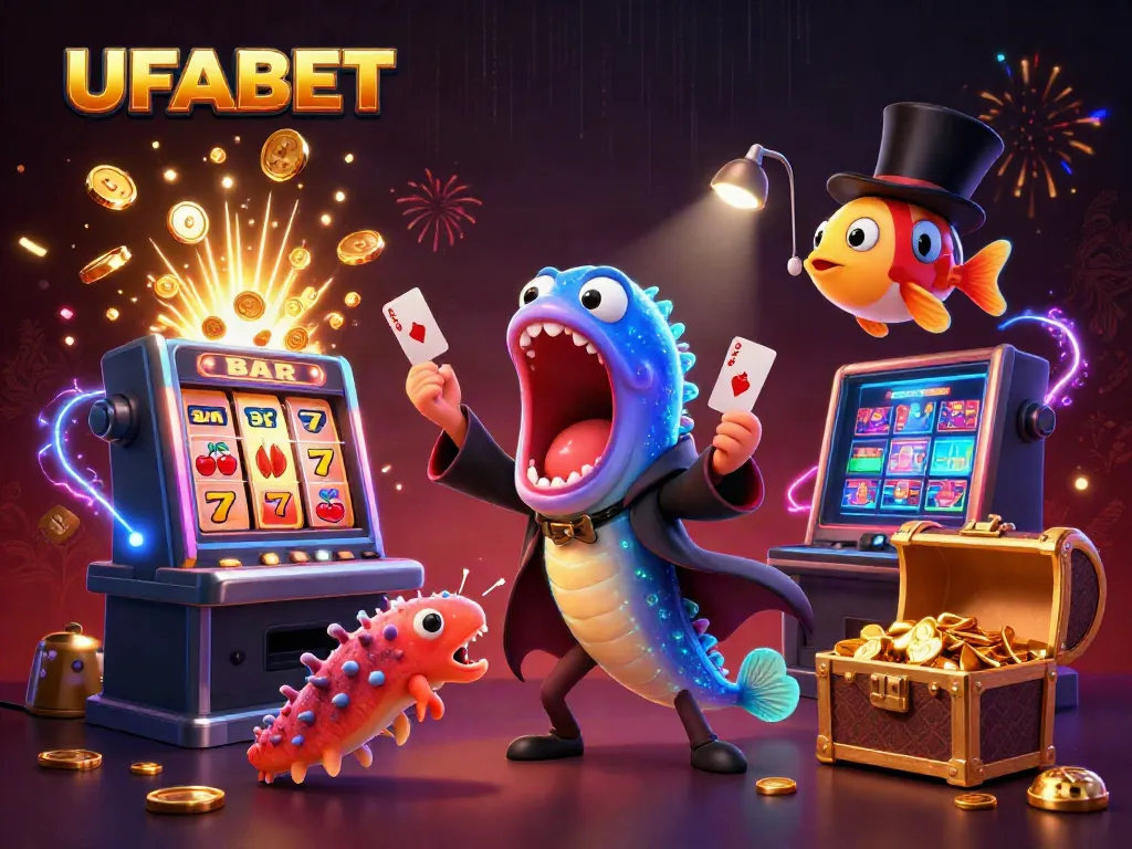 UFABET illuminates excitement with a bioluminescent eel magician in a vibrant casino scene.