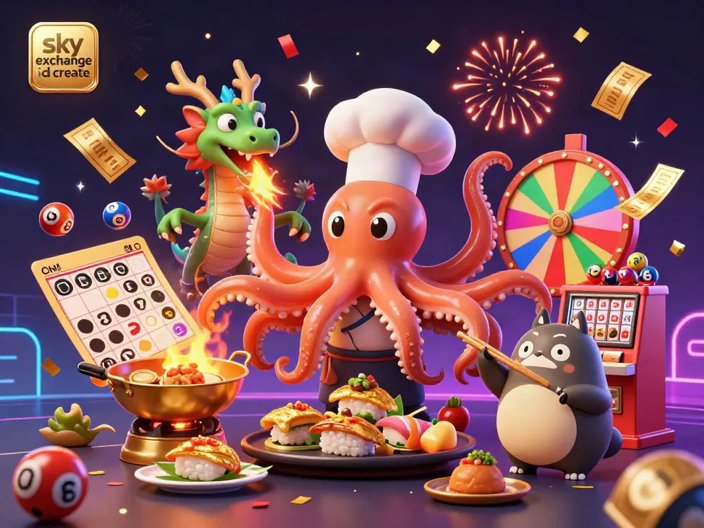 Exciting scene where players create a sky exchange id, featuring a sushi chef octopus and dynamic lottery elements.