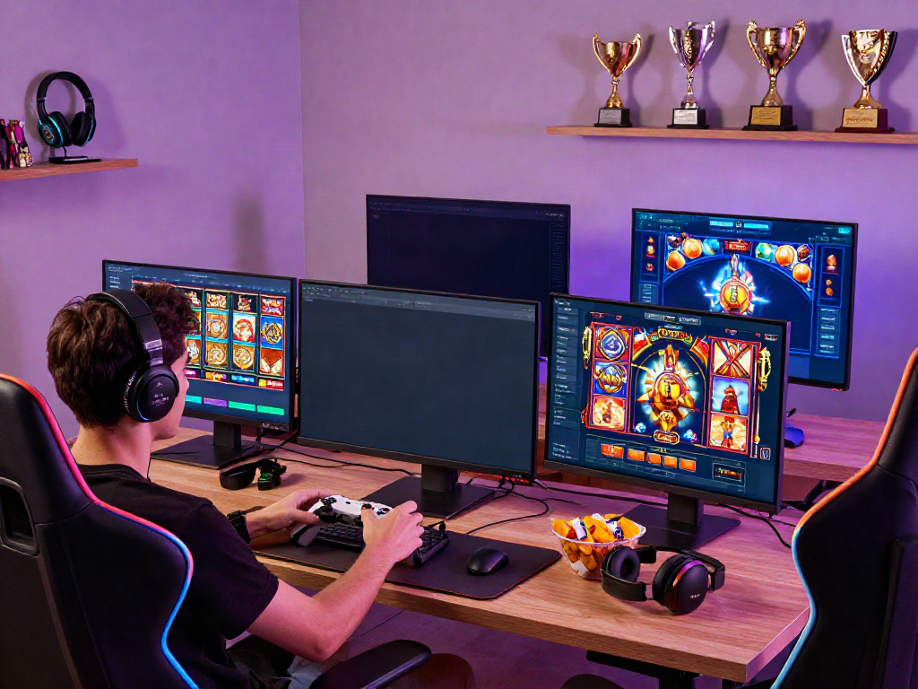 Dynamic online gaming scene at bro138 with engaging slot games on screen, player using controller, vibrant atmosphere.