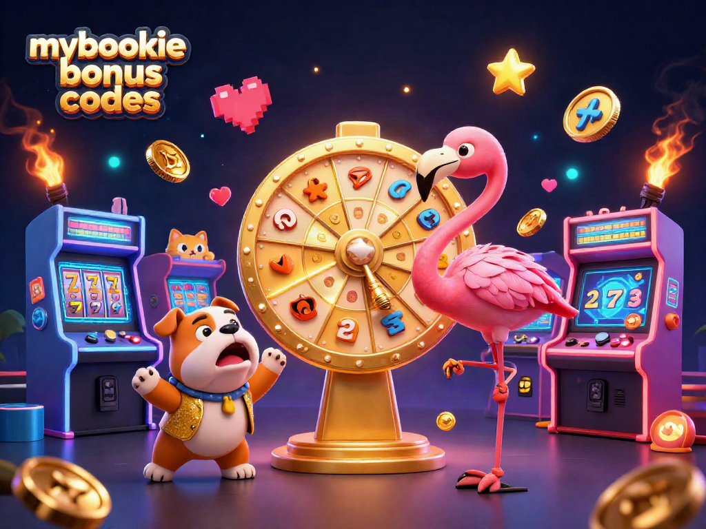 Engage with mybookie bonus codes through a vibrant casino-themed game show scene.