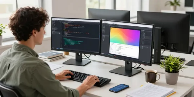 使用搜狗输入法的开发者在现代办公室编码，显示代码和界面设计，专业而高效的工作环境。
