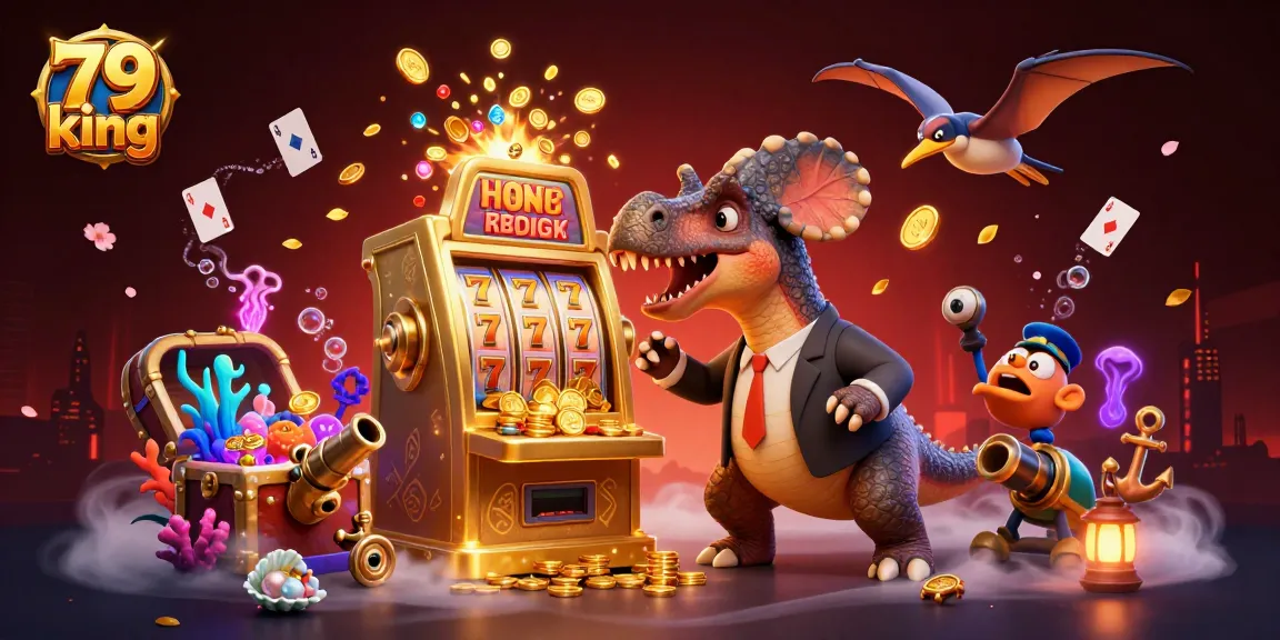 Winning jackpots at 79 king with dinosaurs in a vibrant casino backdrop.