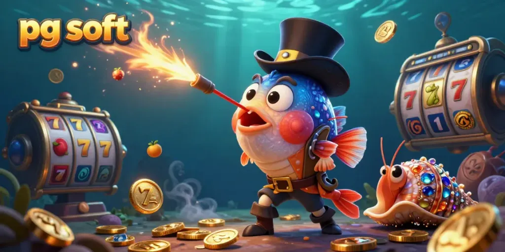 Engage with pg soft's vibrant underwater casino scene showcasing an anglerfish, shrimp, and sea snail amid colorful slot elements.